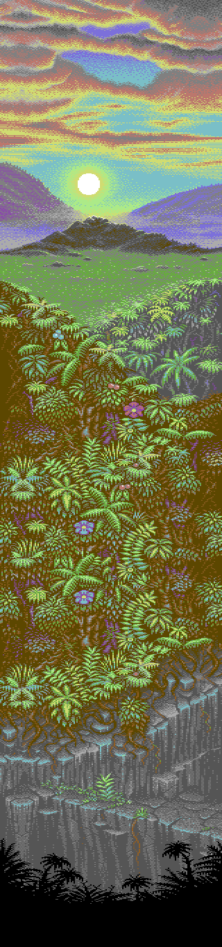 The intro's tall picture: a sunset over mountains, then dense jungle falling away to a rock face