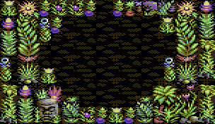 The same clearing in the remaster: detailed jungle plants, flowers and a textured floor