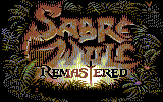 Sabre Wulf Remastered title screen: the Sabre Wulf logo in carved stone above glowing jungle