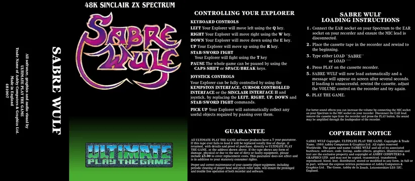 The Spectrum cassette inlay, unfolded: the cover, loading instructions and controls