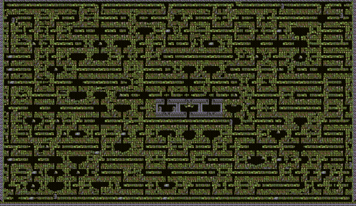 Map of the whole jungle: a maze of paths through dense undergrowth, with a stone temple at its centre and a river along the south