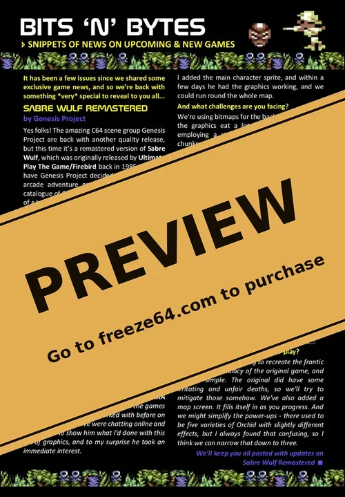 The Bits 'n' Bytes news page from FREEZE64 issue 36, on Sabre Wulf Remastered, under a preview banner